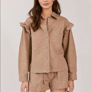 Something Navy Embroidered Tan Shirt Jacket